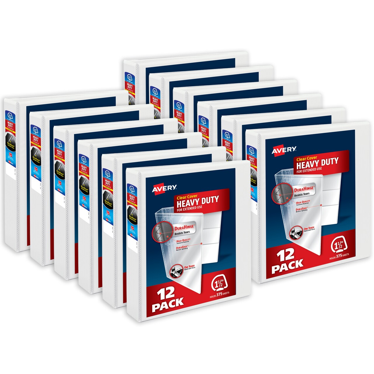 Avery Heavy-Duty View 3 Ring Binder, 1.5 Inch One Touch Slant Rings, 375-Sheet Capacity, DuraHinge, 2.1 Inch Wide Spine, Customizable Clear Cover and Spine, 1 White Binder (79795) - 12 Pack